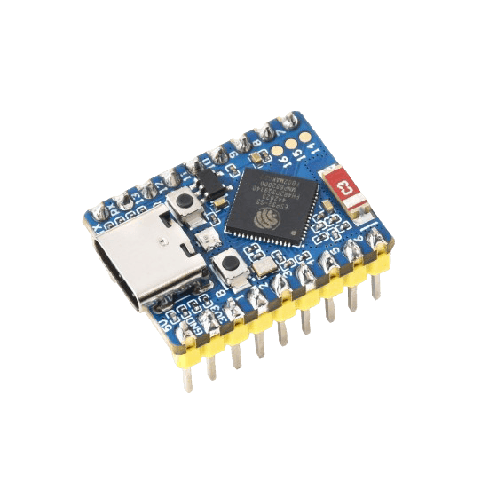 The ESP32-S3-Zero at an angle with pin headers soldered along both edges: the USB-C port and the two buttons on the near side, the ESP32-S3 module at the centre.