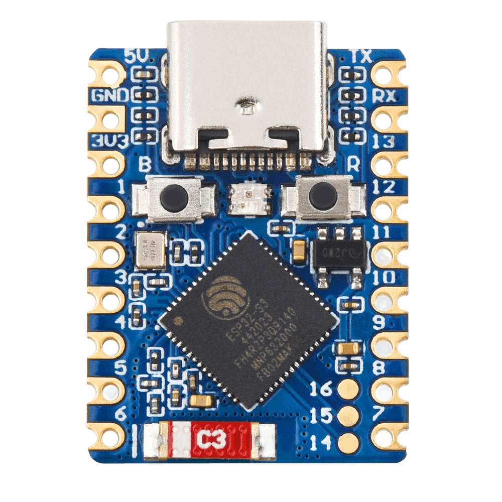The Waveshare ESP32-S3-Zero seen from above: the ESP32-S3 module at the centre, the USB-C port at the top, and the numbered pads down both edges.